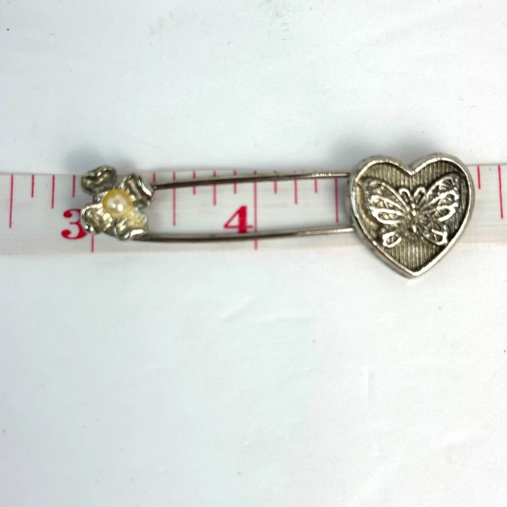 Vintage Style Butterfly Heart Flower Safety Pin Brooch Women OS Silver Tone Pin